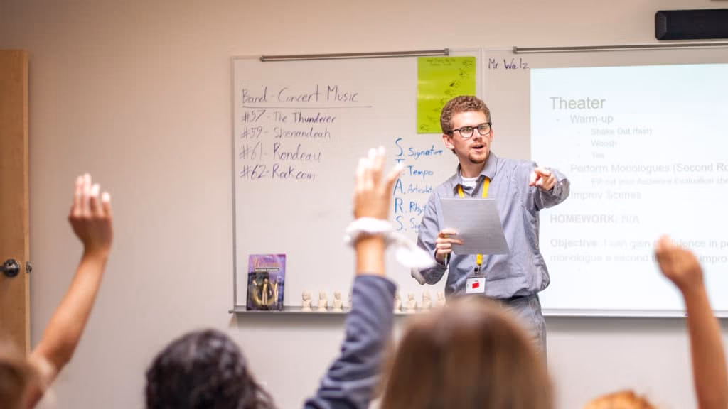 Teacher at the front of the class pointing to a group of students raising their hands.