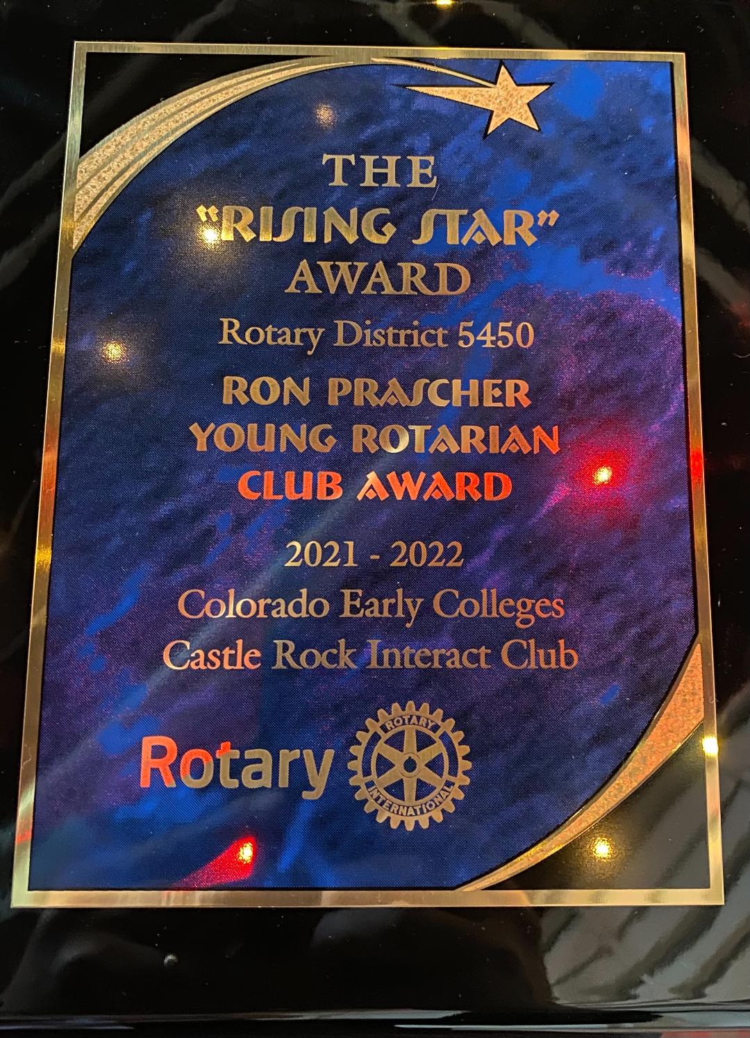 Congratulations to CEC Castle Rock Interact Club on Winning the “Ron Prascher Rising Star” Award for Their Exceptional Service Work!