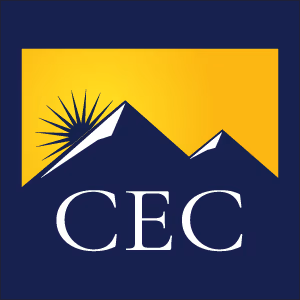 CEC square logo, yellow sky behind blue mountains.