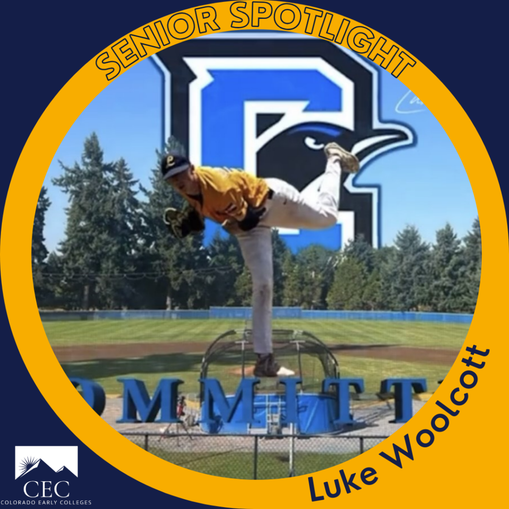 Student Spotlight Luke Woolcott. Luke is in a baseball uniform on a baseball field pitching a ball.