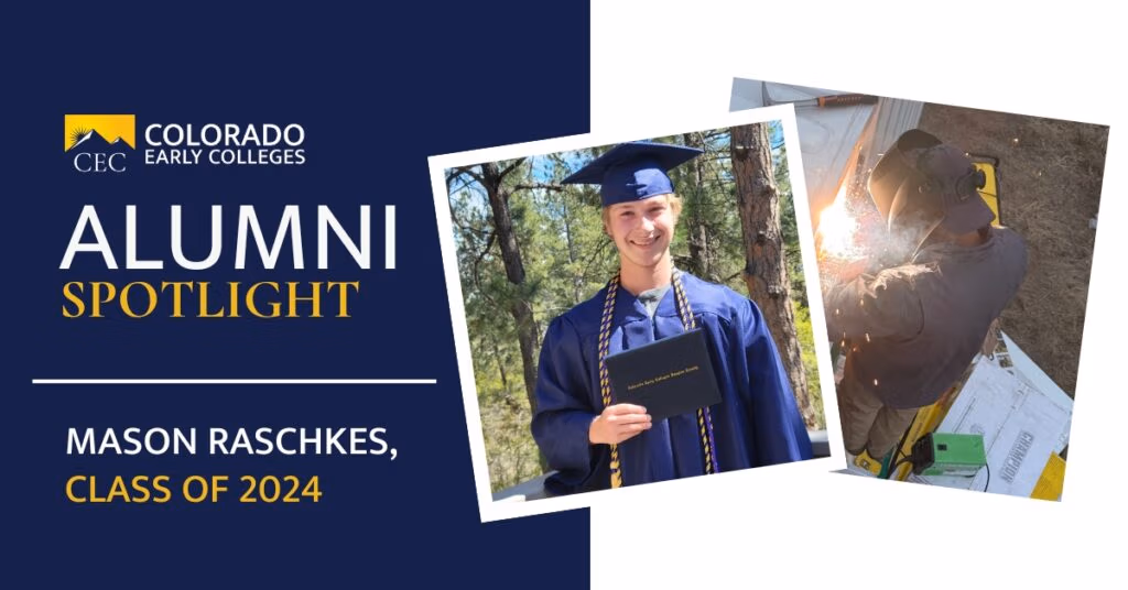 Alumni Spotlight collage of images with Mason Raschkes in a blue cap and gown holding his diploma and an image of Mason welding. Class of 2024.