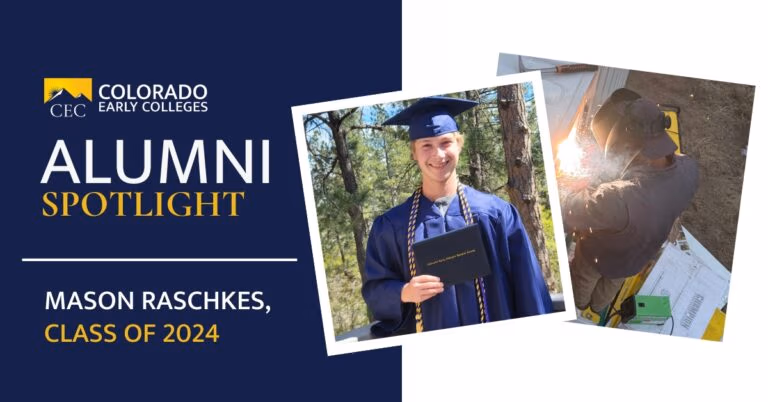 Alumni Spotlight collage of images with Mason Raschkes in a blue cap and gown holding his diploma and an image of Mason welding. Class of 2024.