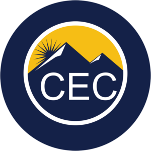 Round CEC round logo with mountains and a sunrise in the middle.