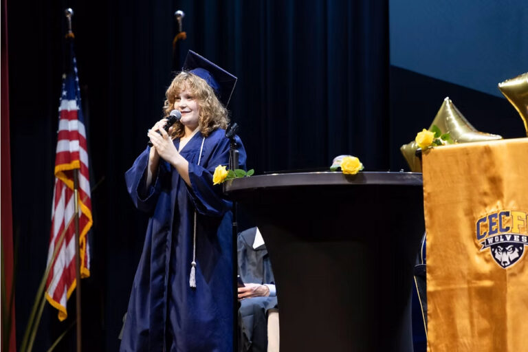 CEC Fort Collins graduate Larkyn Jones sings a song during the 2025 graduation ceremony.