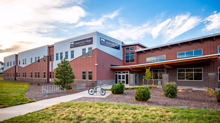 CEC Colorado Early Colleges Castle Rock school as seen from the entrance.