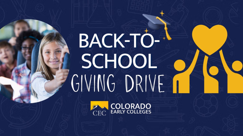 Back-to-School Giving Drive banner with students on a school bus and a yellow graphic of people holding a heart.