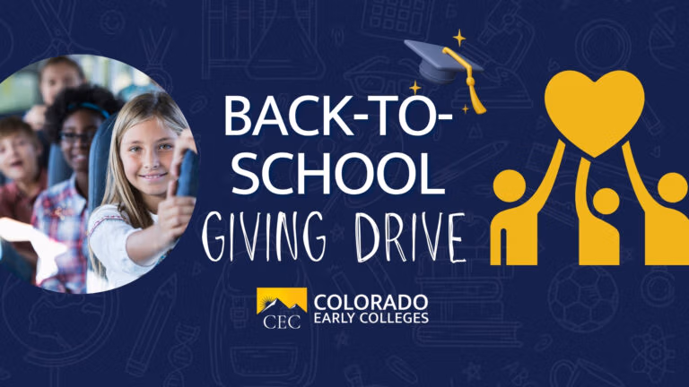 Back-to-School Giving Drive banner with students on a school bus and a yellow graphic of people holding a heart.