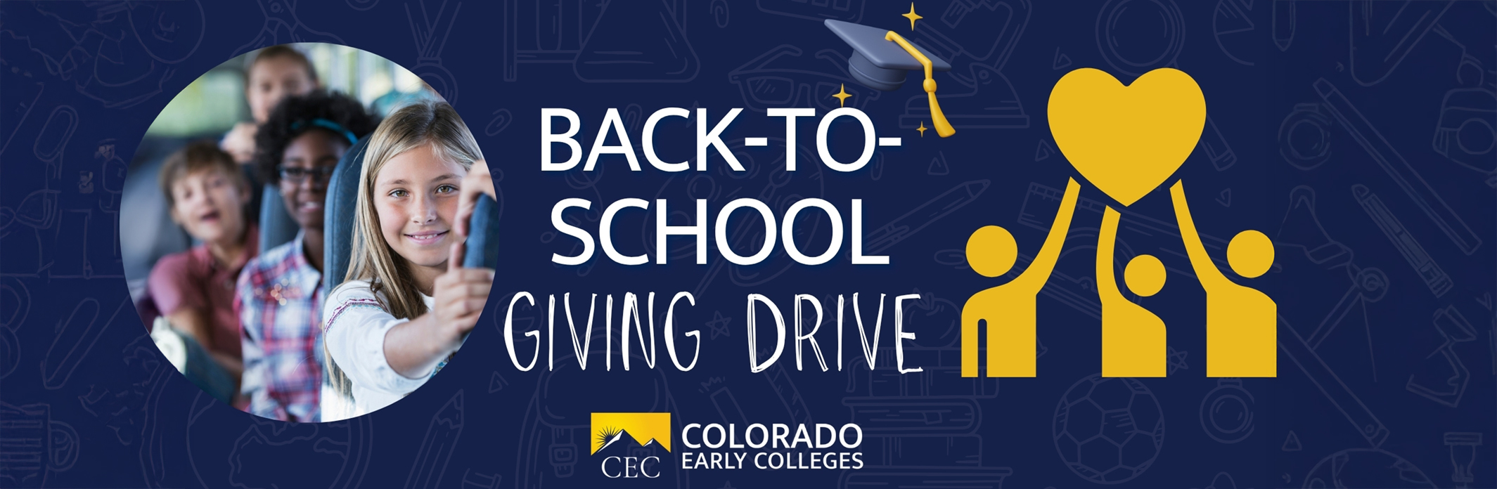 Back-to-School Giving Drive banner with students on a school bus and a yellow graphic of people holding a heart.