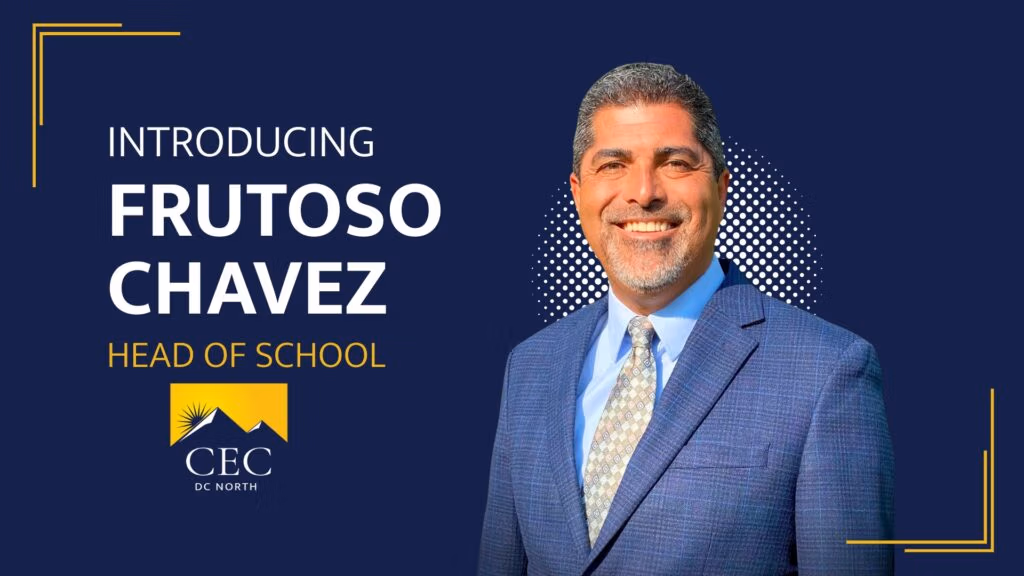 Introducing Frutoso Chavez, head of school at CEC Douglas County North high school. Blue graphic with headshot of Frutoso Chavez.
