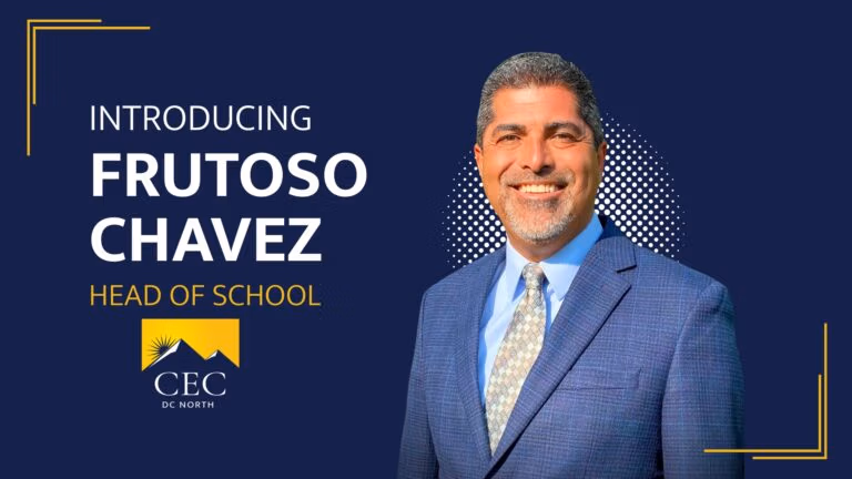 Introducing Frutoso Chavez, head of school at CEC Douglas County North high school. Blue graphic with headshot of Frutoso Chavez.