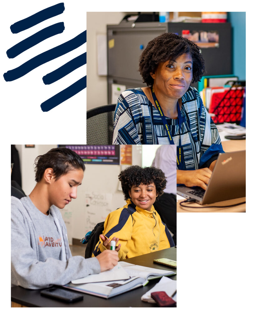 Collage of two images. A teacher working on a computer and an image of two students working together at a desk.
