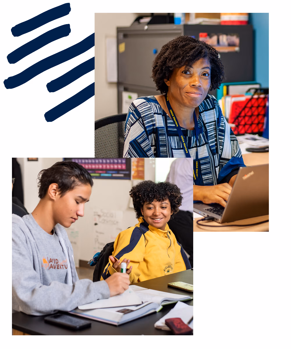 Collage of two images. A teacher working on a computer and an image of two students working together at a desk.
