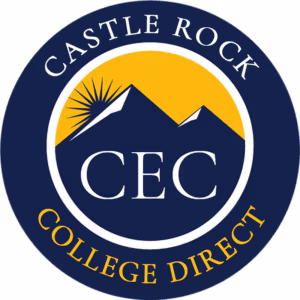 CEC Castle Rock College Direct round logo with blue mountains and a yellow sky.
