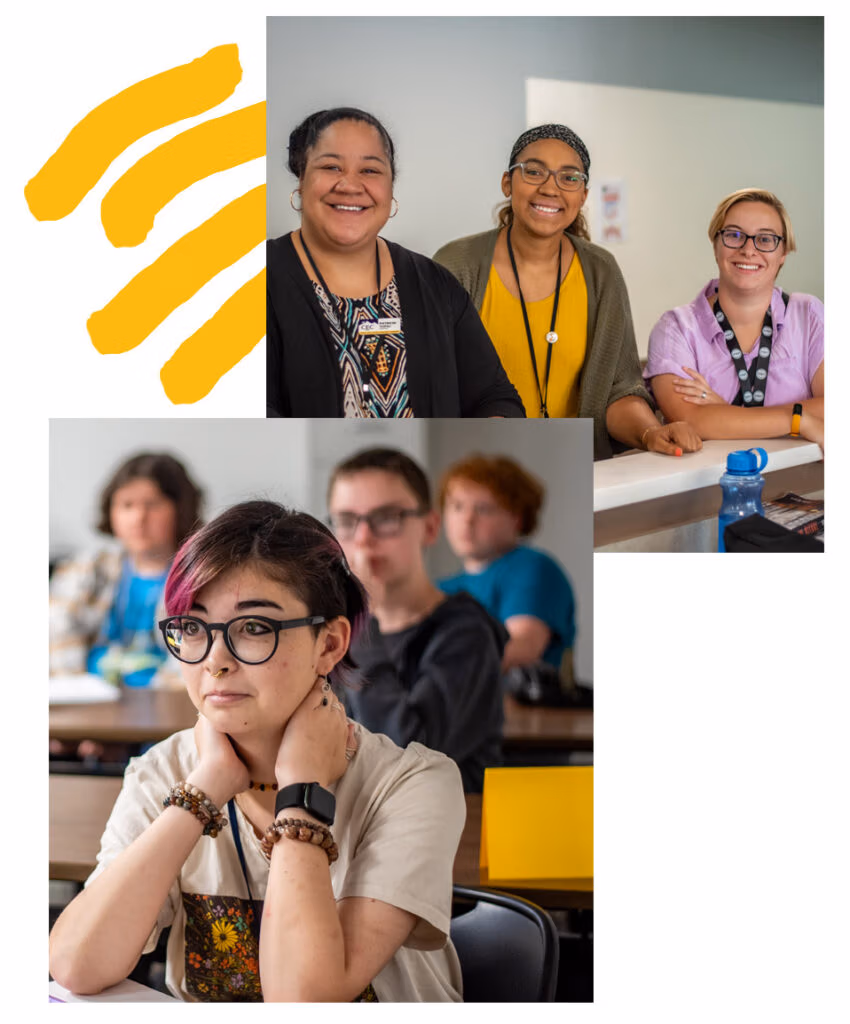 Collage of two images. Three teachers standing together looking at the camera and an image of students in a classroom.