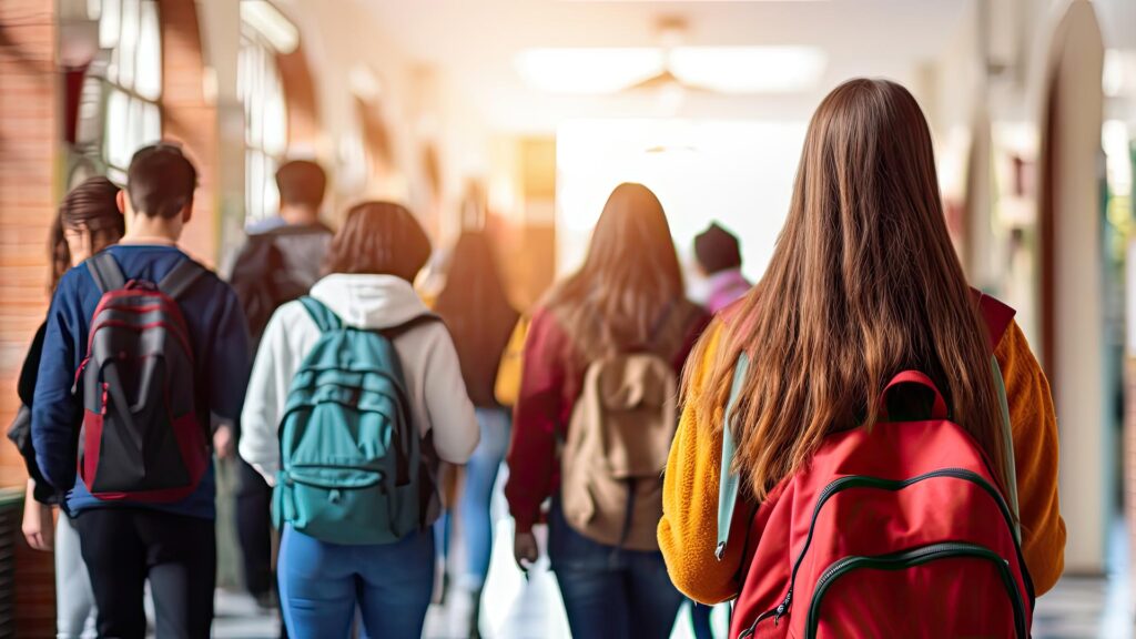 Students walking down a school hallway with their backs to the camera.