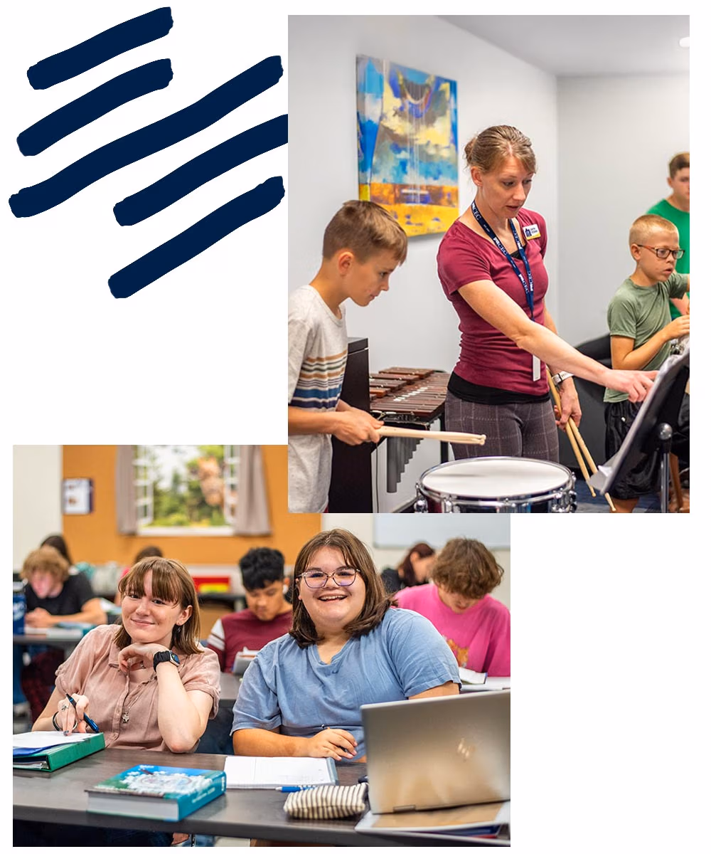 Collage of two images. A CEC Fort Collins Middle School teacher is helping kids in music class. Two CEC Fort Collins High School students pose for the camera in a classroom.