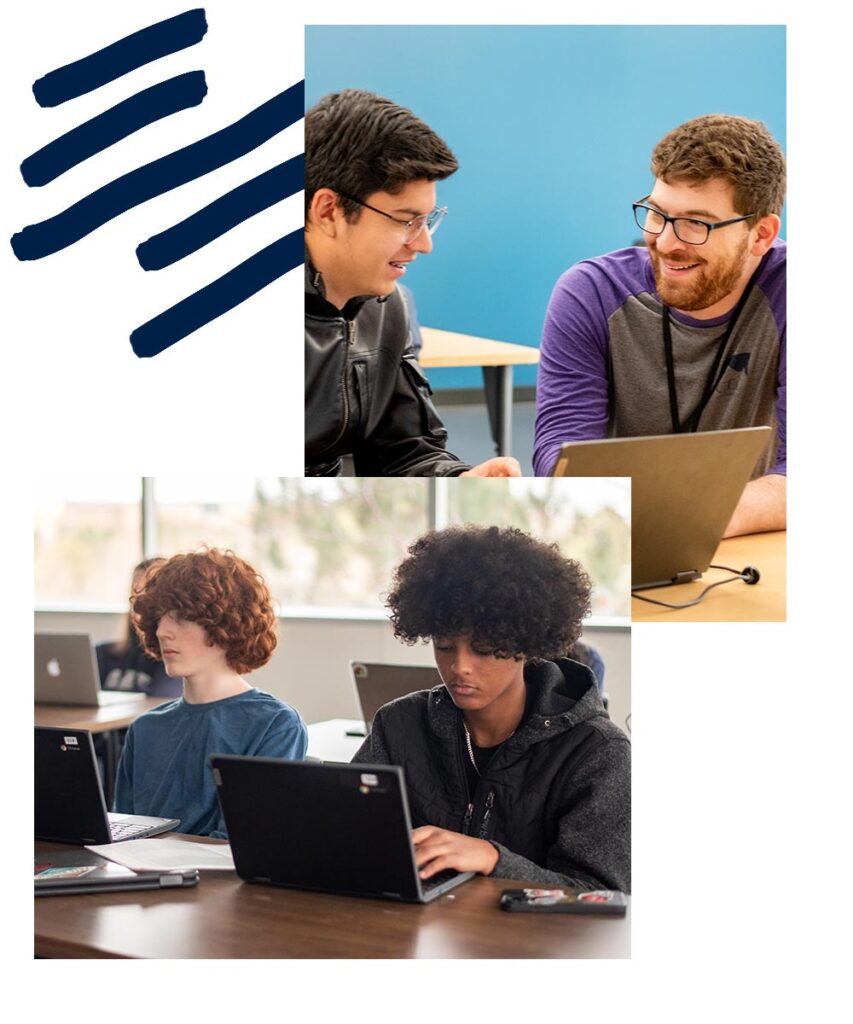 Collage of two images. A CEC Online Campus teacher working with a student in a classroom and CECOLC students doing schoolwork in a classroom.