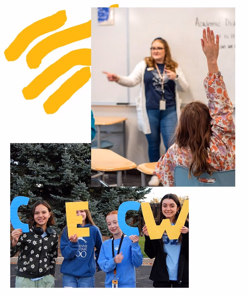 Collage of two images. The CEC Windsor head of school working with students in a classroom and CECW students holding the letters CECW and posing for a picture.