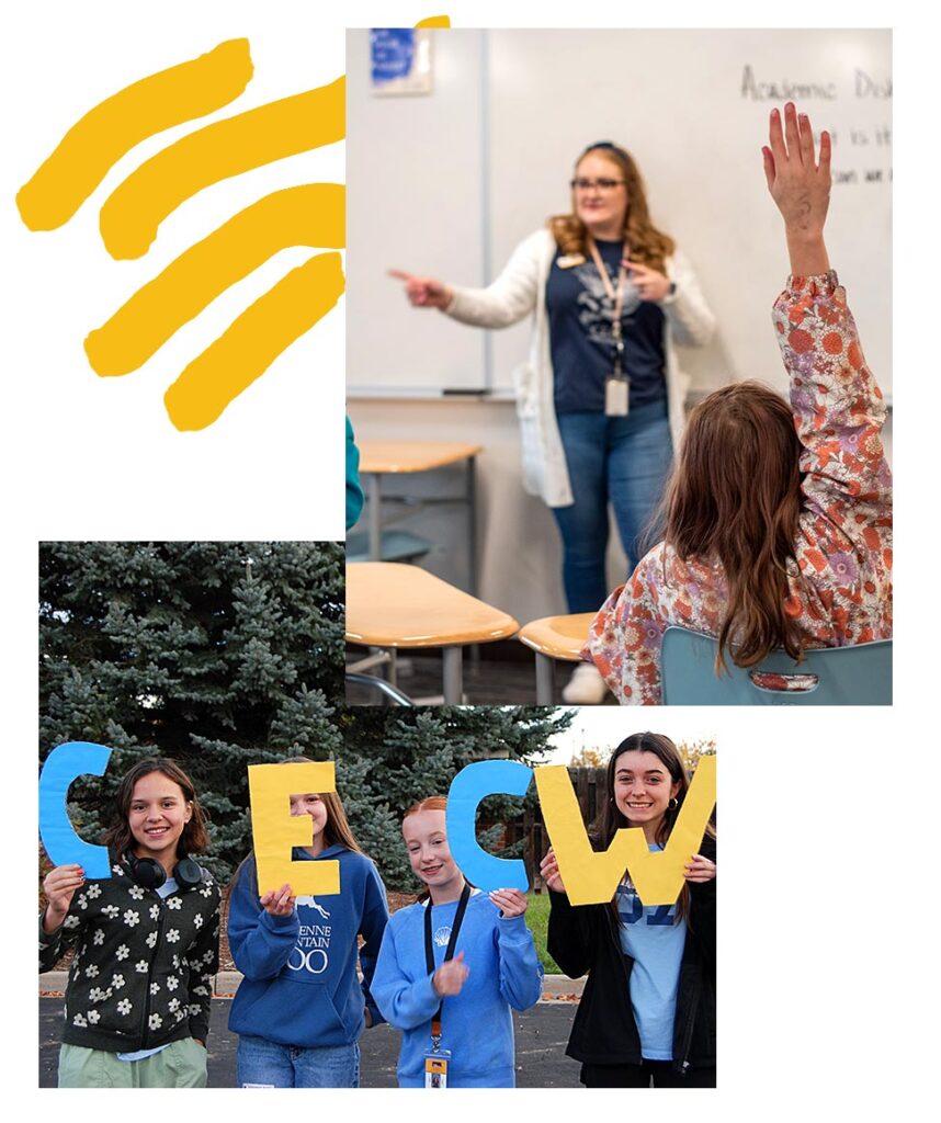 Collage of two images. The CEC Windsor head of school working with students in a classroom and CECW students holding the letters CECW and posing for a picture.