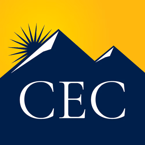 CEC Logo. White text with blue mountains and a yellow background.