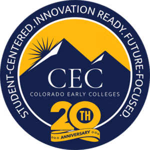 CEC Colorado Early Colleges 20th Anniversary Logo. Student-Centered. Innovation Ready. Future-Focused.