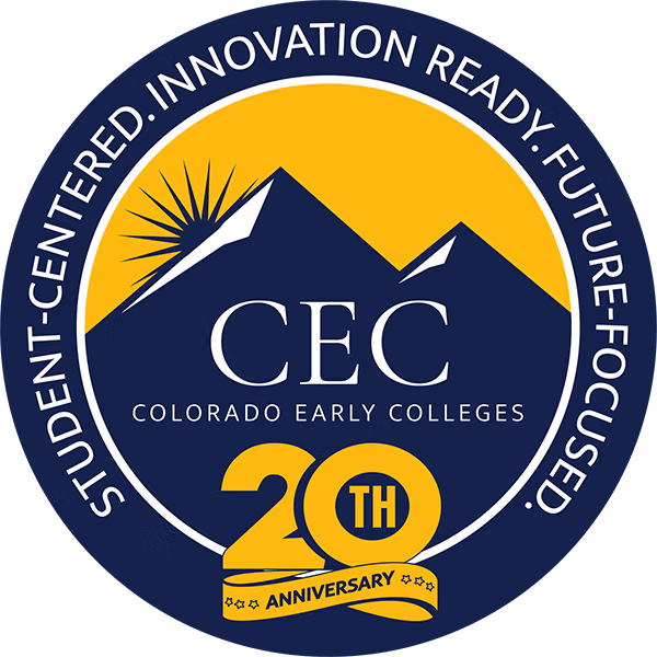 CEC Colorado Early Colleges 20th Anniversary Logo. Student-Centered. Innovation Ready. Future-Focused.