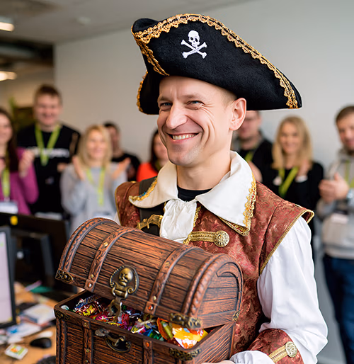 Man dressed like a pirate, holding a treasure chest in a room of teachers.