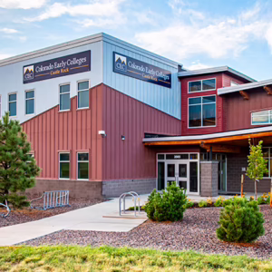 Colorado Early Colleges Castle Rock high school building with red and grey exterior.